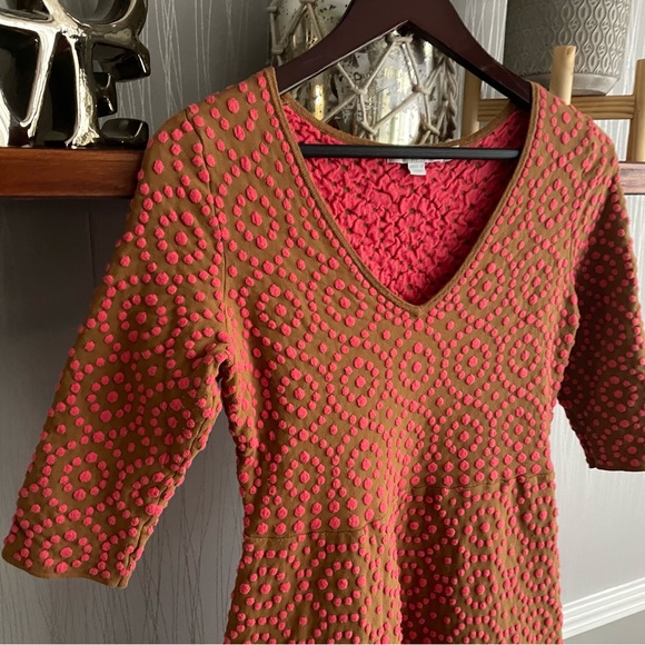 Boden Annabel V Neck Textured Dress Women’s size 6 Petite Brown Pink Polka Dot - Picture 5 of 9